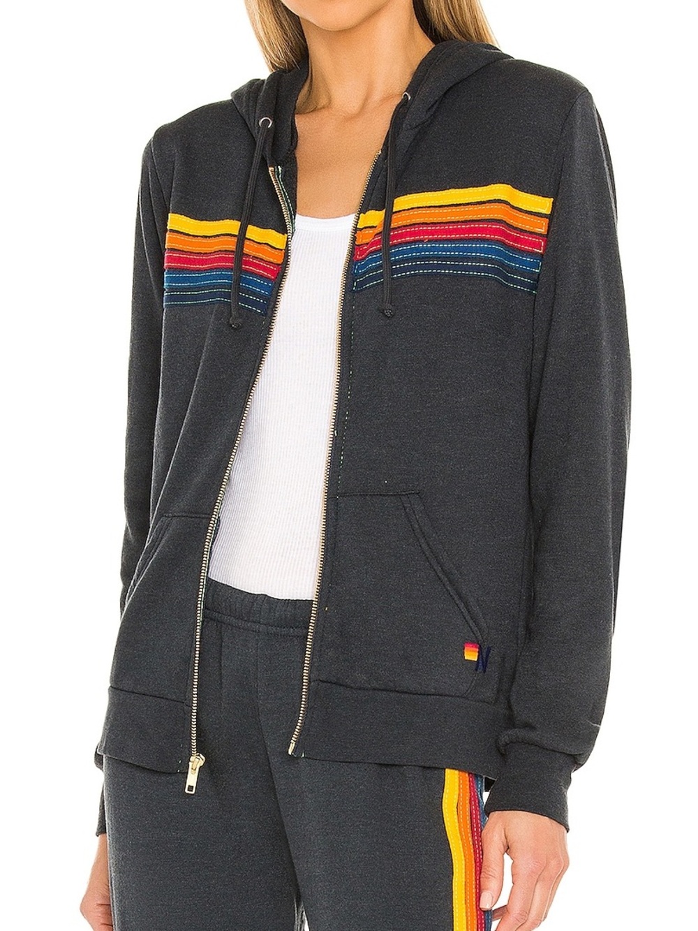 Aviator Nation 5 Stripe Hoodie Charcoal Gray Rainbow Size Medium Full Zip Jacket